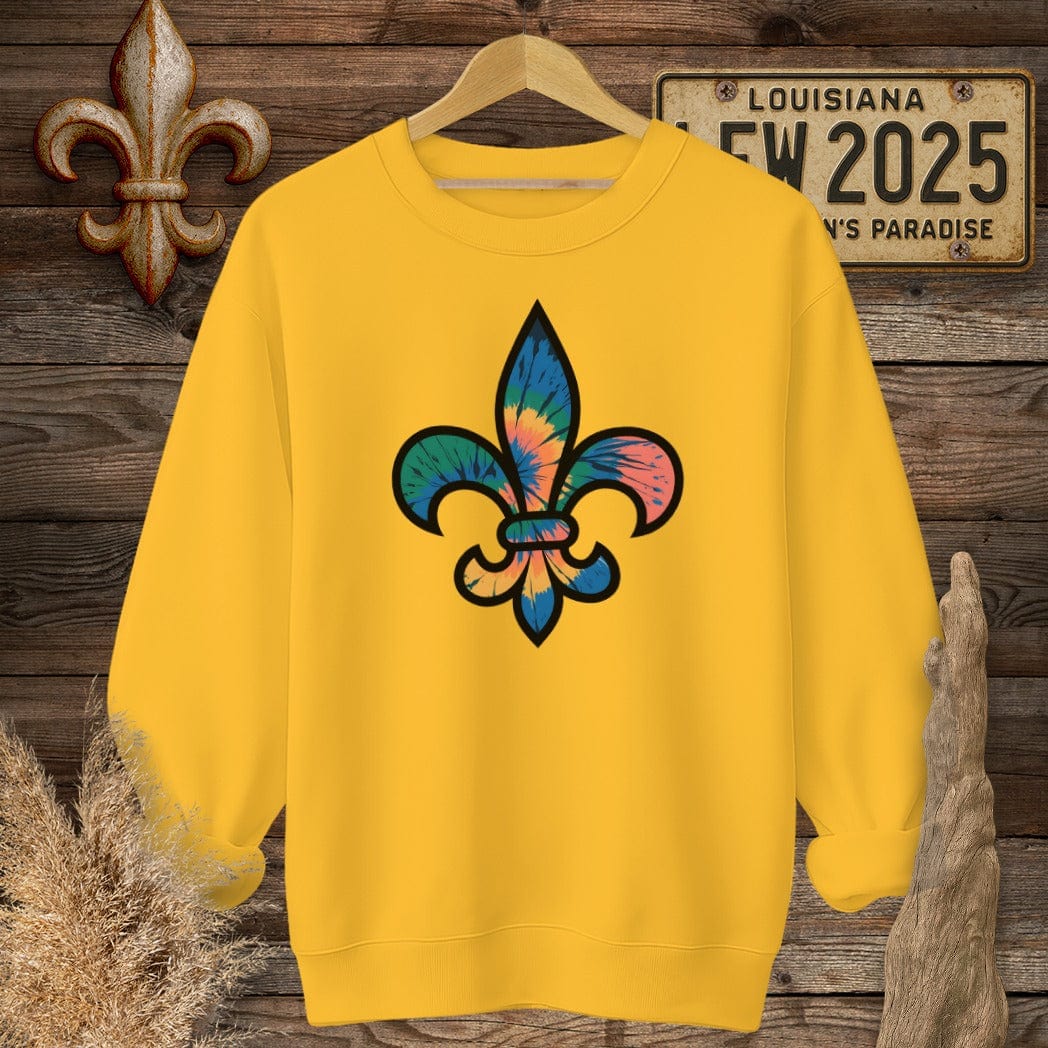 S / Gold Louisiana Tie-Dye Fleur de Lis Sweatshirt by Laissez Faire Wear