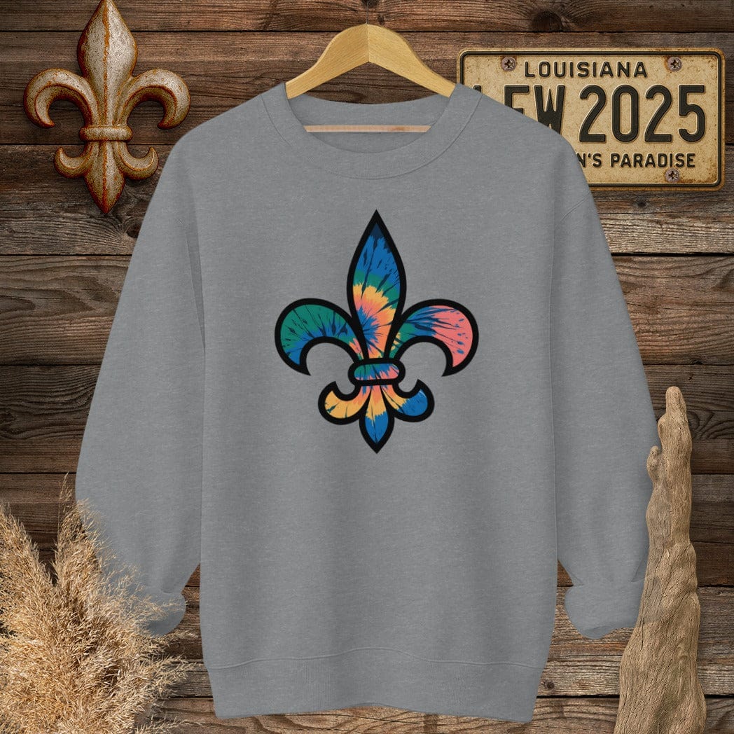 S / Graphite Heather Louisiana Tie-Dye Fleur de Lis Sweatshirt by Laissez Faire Wear