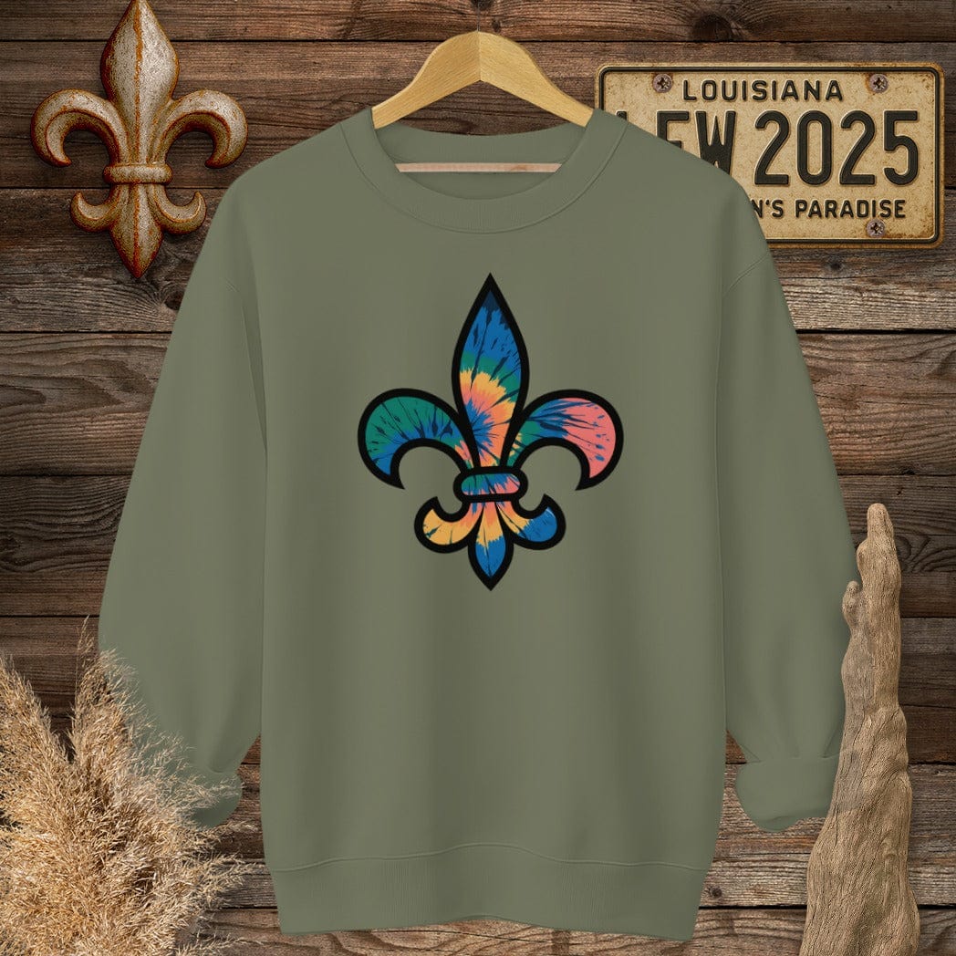 S / Military Green Louisiana Tie-Dye Fleur de Lis Sweatshirt by Laissez Faire Wear