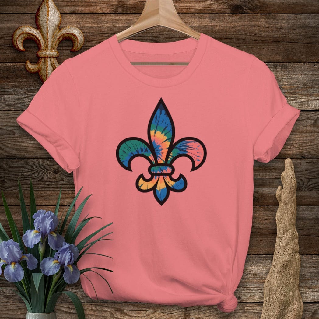 S / Coral Silk Louisiana Tie-Dye Fleur de Lis T-Shirt by Laissez Faire Wear