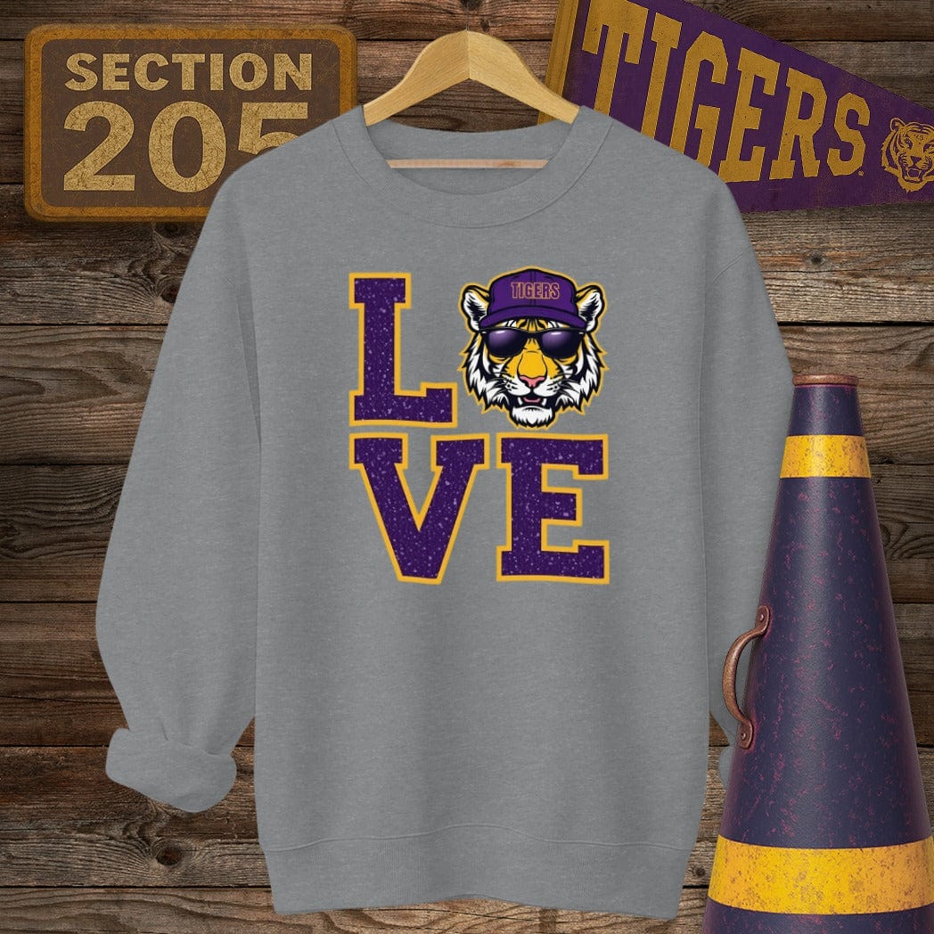 S / Graphite Heather Louisiana Tiger LOVE Game Day Sweatshirt by Laissez Faire Wear