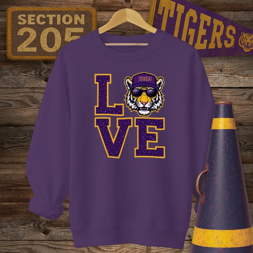 S / Purple Louisiana Tiger LOVE Game Day Sweatshirt by Laissez Faire Wear