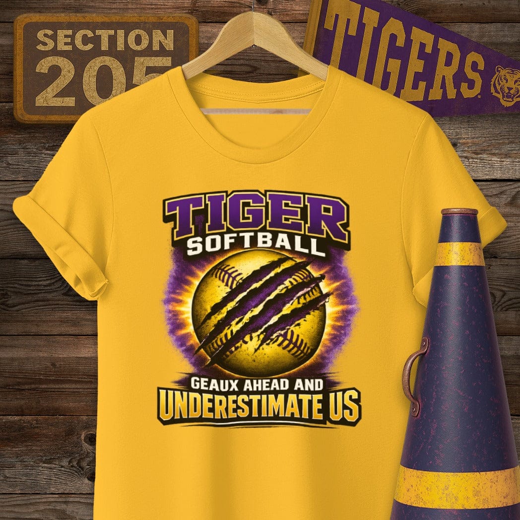 S / Gold Louisiana Tiger Softball T-Shirt by Laissez Faire Wear