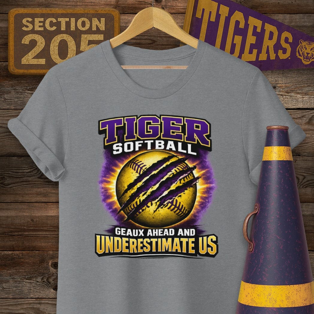 S / Graphite Heather Louisiana Tiger Softball T-Shirt by Laissez Faire Wear