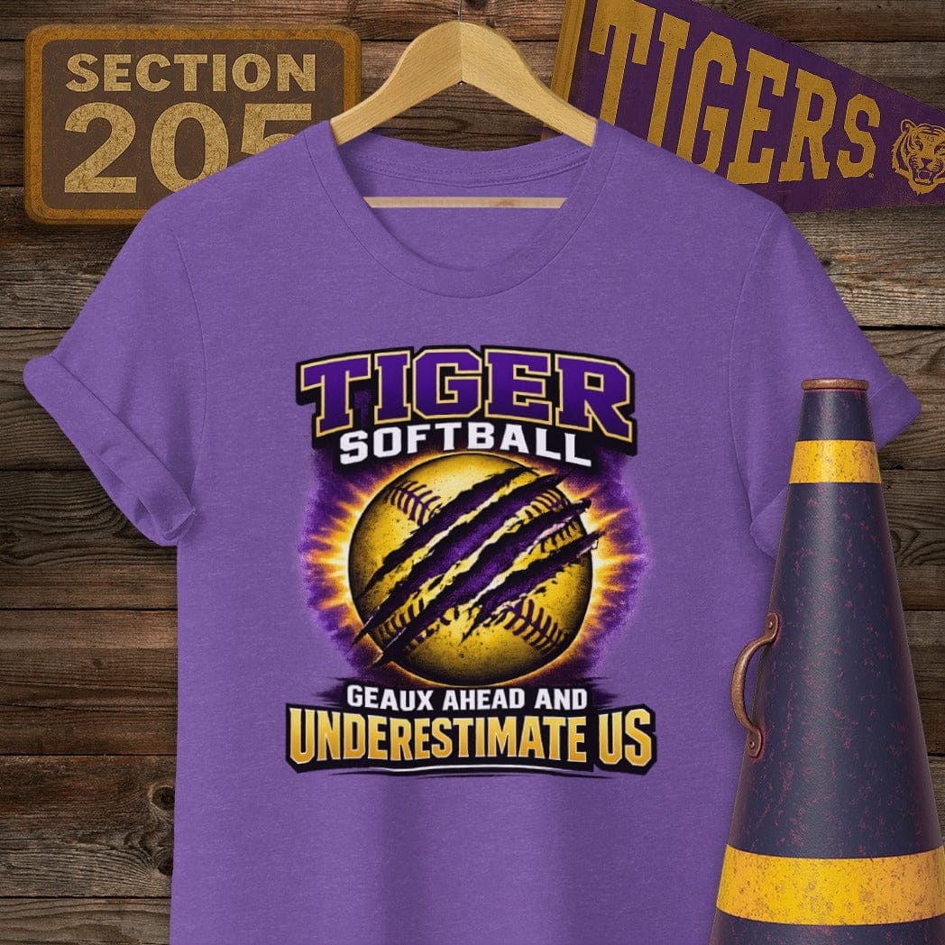S / Heather Purple Louisiana Tiger Softball T-Shirt by Laissez Faire Wear