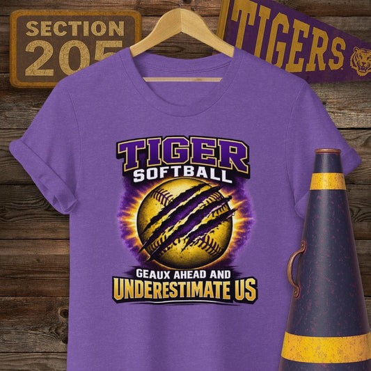 S / Heather Purple Louisiana Tiger Softball T-Shirt by Laissez Faire Wear