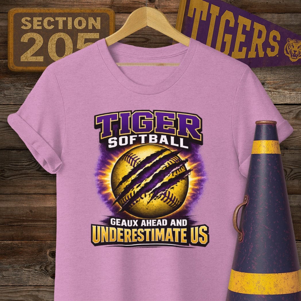 S / Heather Radiant Orchid Louisiana Tiger Softball T-Shirt by Laissez Faire Wear