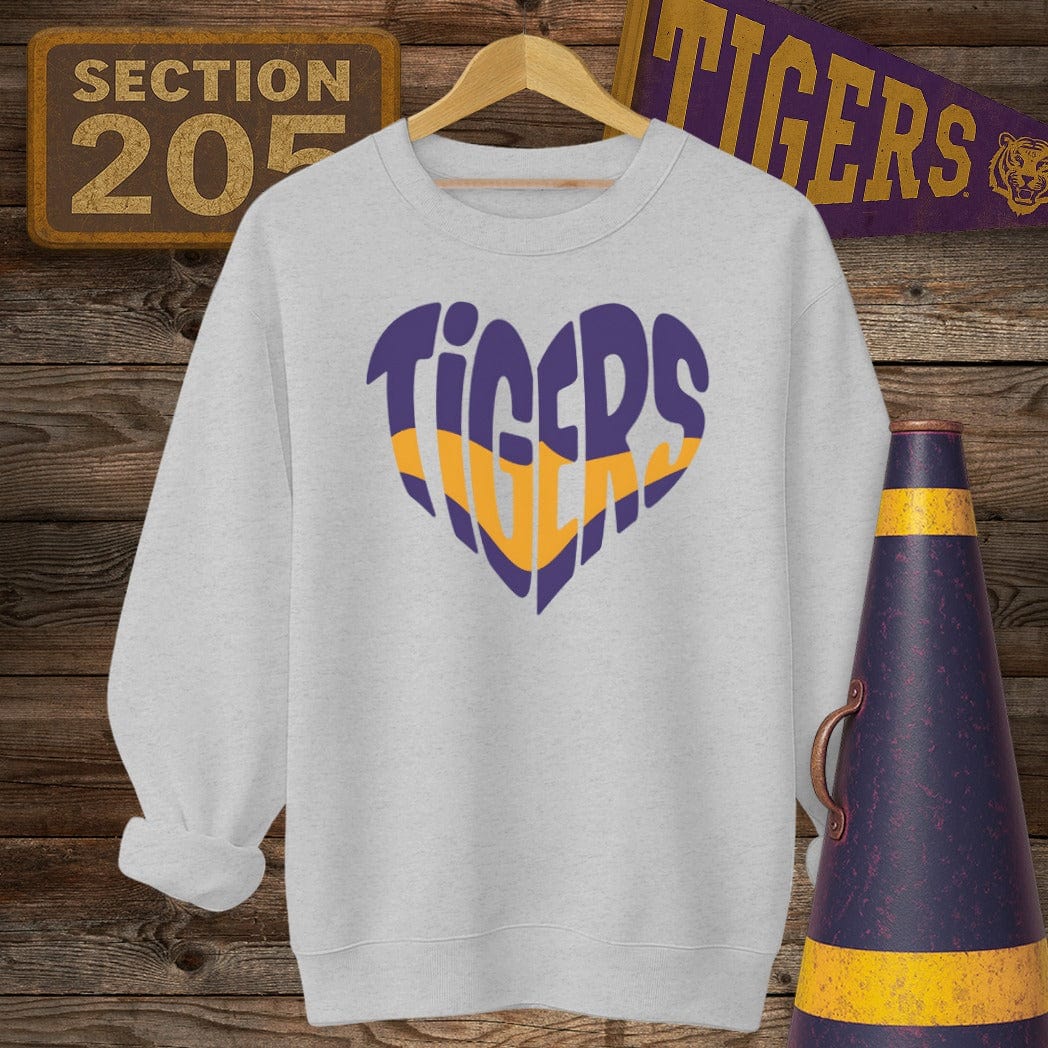 S / Sport Grey Louisiana Tigers Heart Game Day Sweatshirt by Laissez Faire Wear
