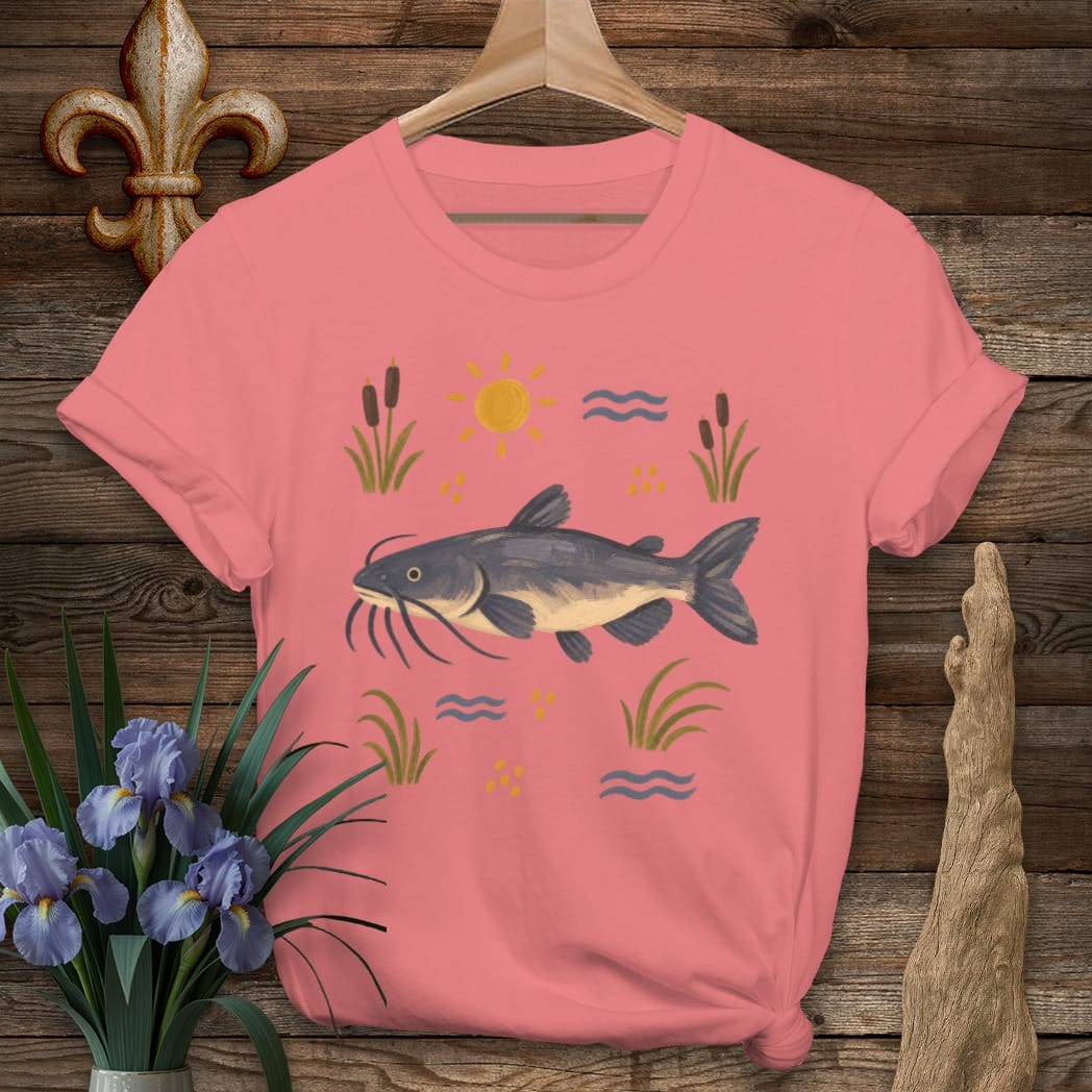 S / Coral Silk Louisiana Toledo Bend Catfish T-Shirt by Laissez Faire Wear
