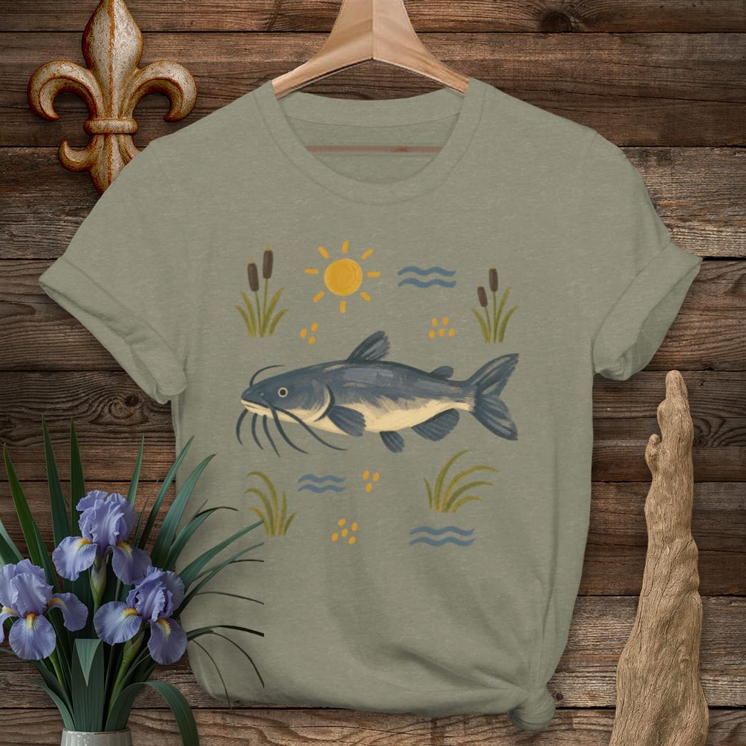 S / Heather Military Green Louisiana Toledo Bend Catfish T-Shirt by Laissez Faire Wear