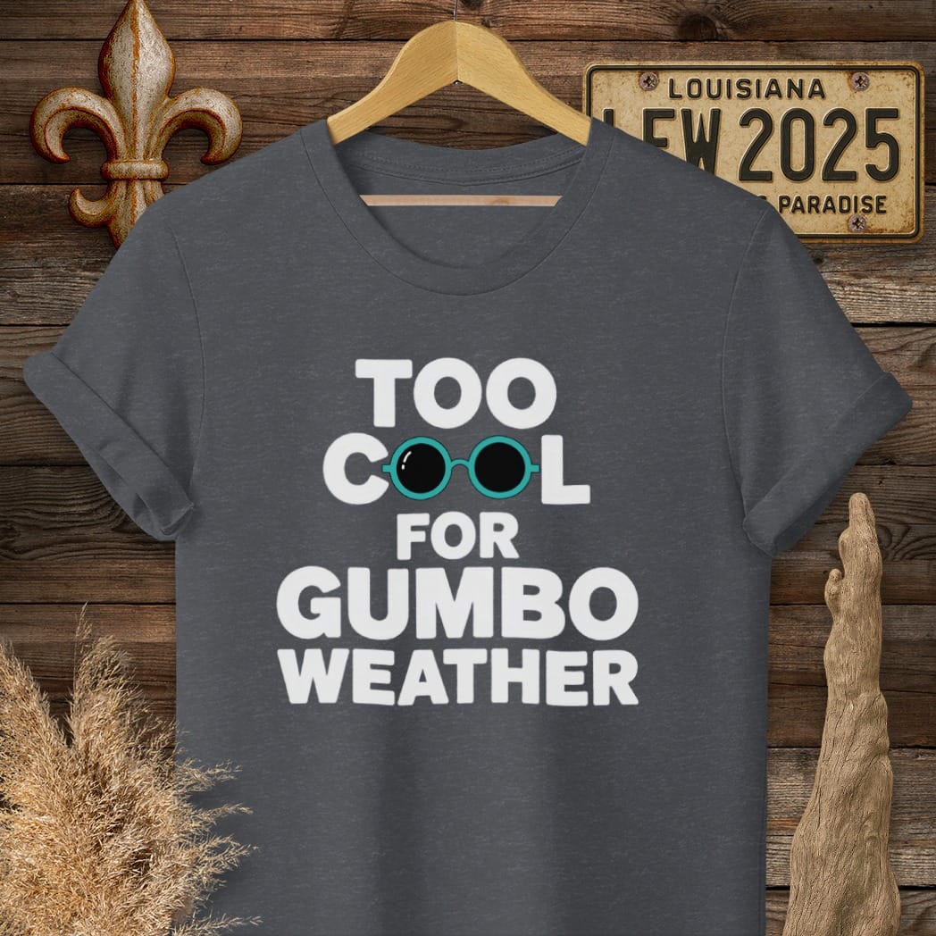 S / Dark Heather Grey Louisiana Too Cool For Gumbo Weather T-Shirt by Laissez Faire Wear