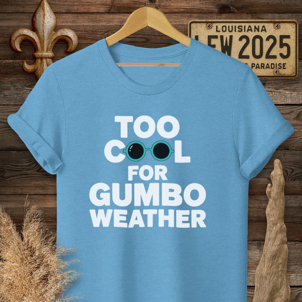 S / Heather Sapphire Louisiana Too Cool For Gumbo Weather T-Shirt by Laissez Faire Wear