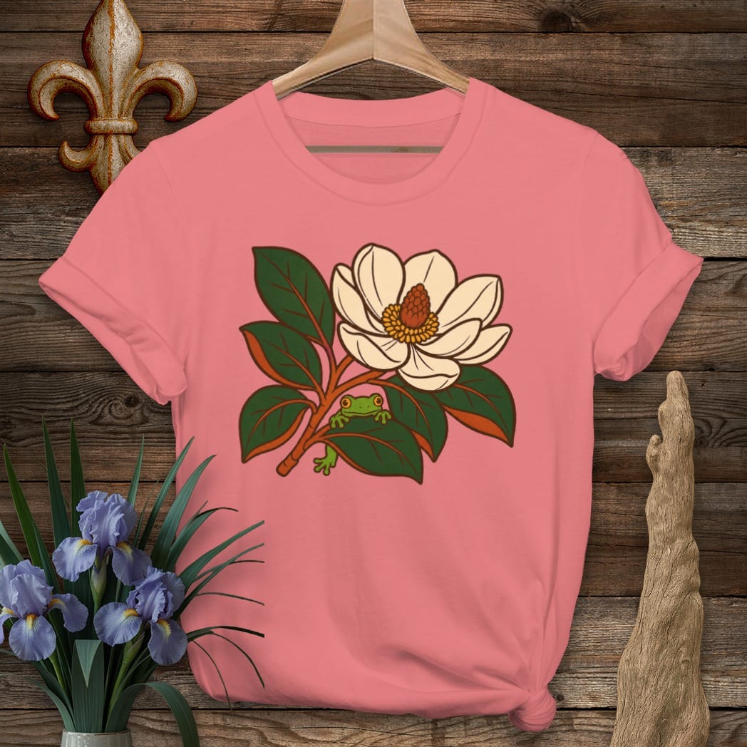 S / Coral Silk Louisiana Tree Frog & Magnolia T-Shirt by Laissez Faire Wear