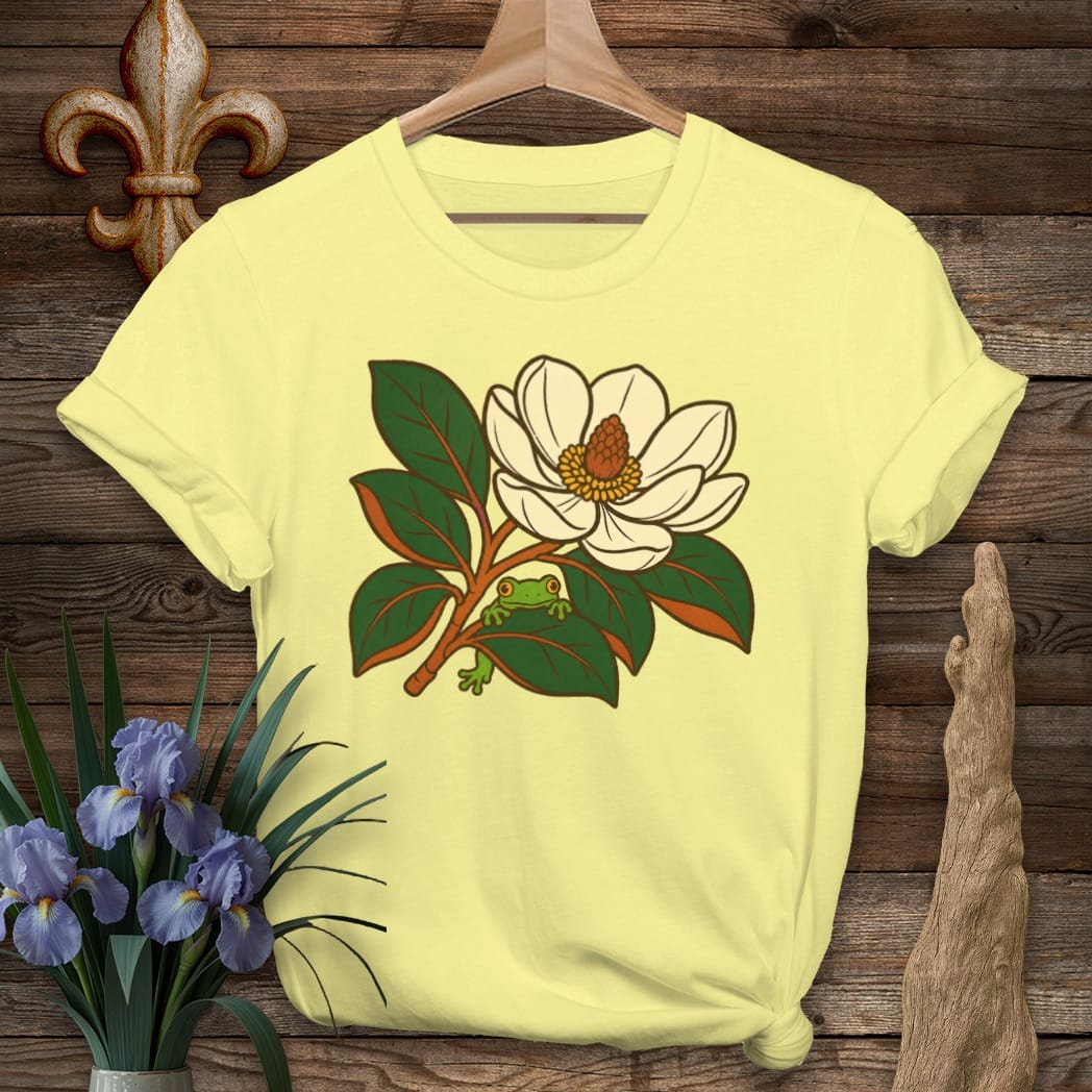 S / Cornsilk Louisiana Tree Frog & Magnolia T-Shirt by Laissez Faire Wear