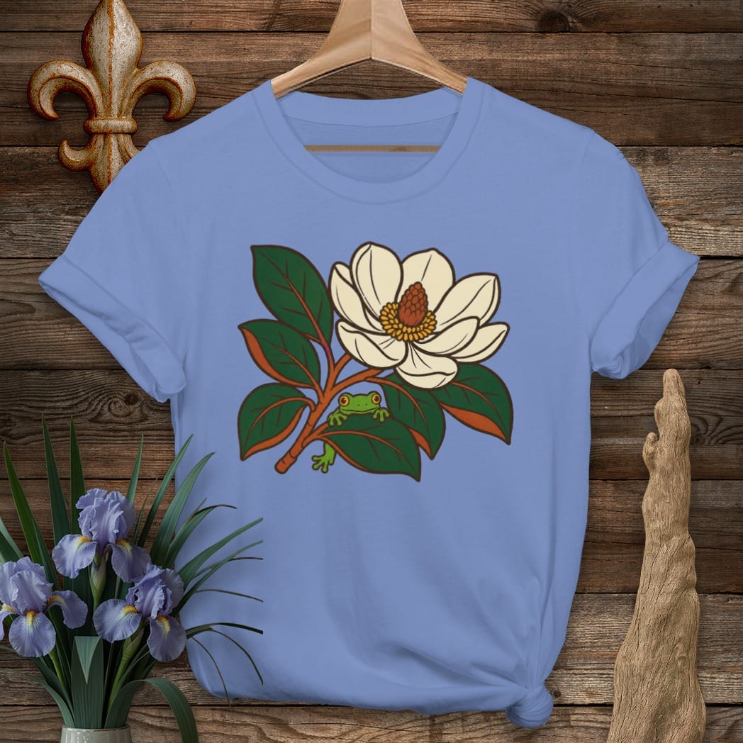 S / Iris Louisiana Tree Frog & Magnolia T-Shirt by Laissez Faire Wear