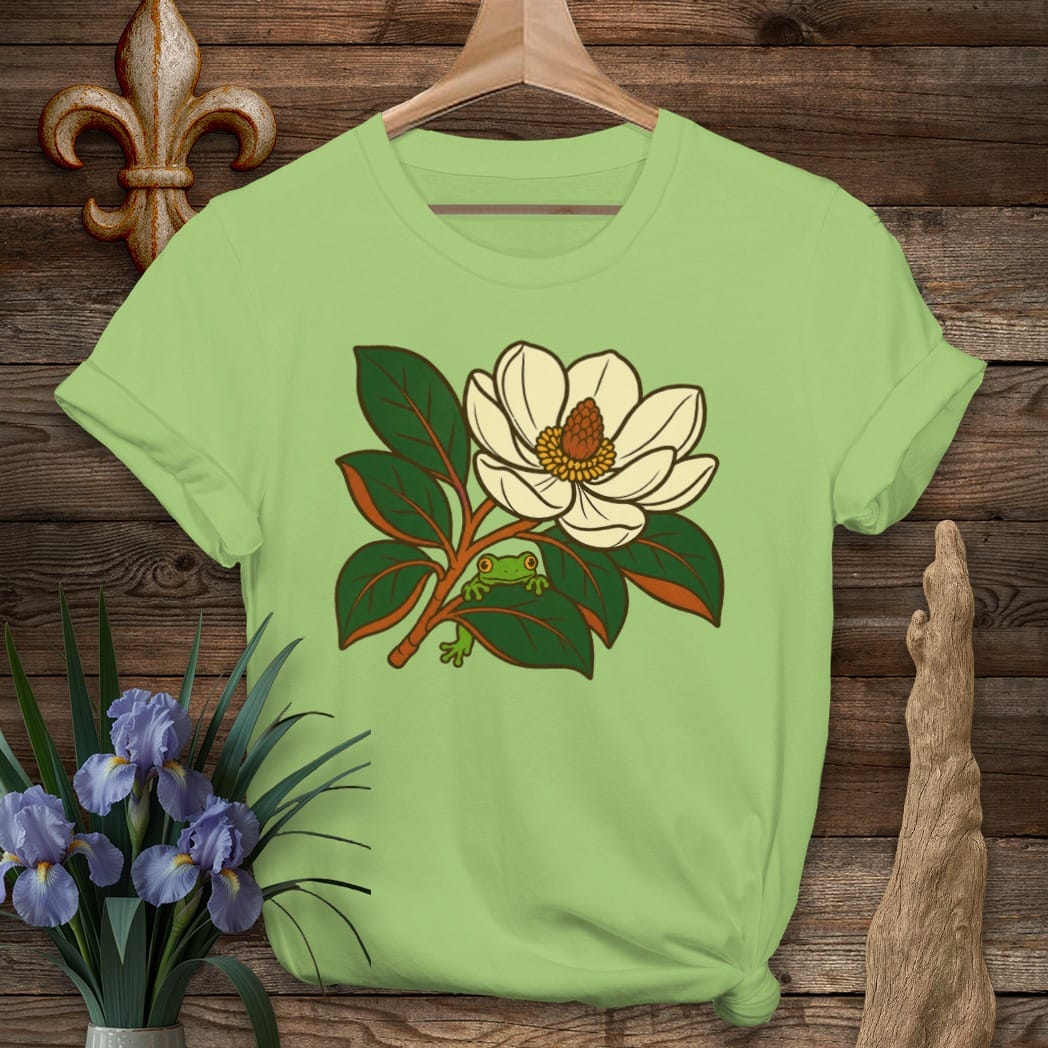 S / Lime Louisiana Tree Frog & Magnolia T-Shirt by Laissez Faire Wear