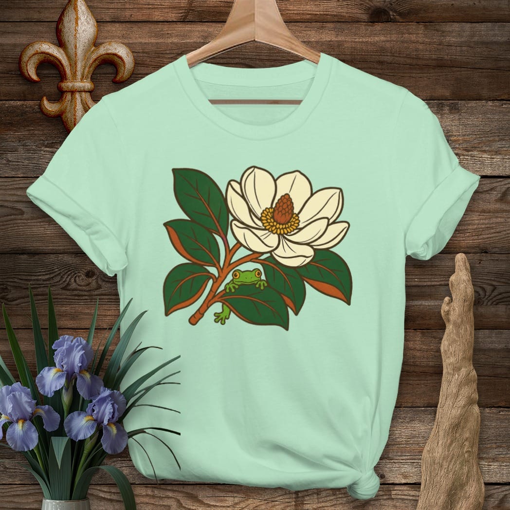 S / Mint Green Louisiana Tree Frog & Magnolia T-Shirt by Laissez Faire Wear