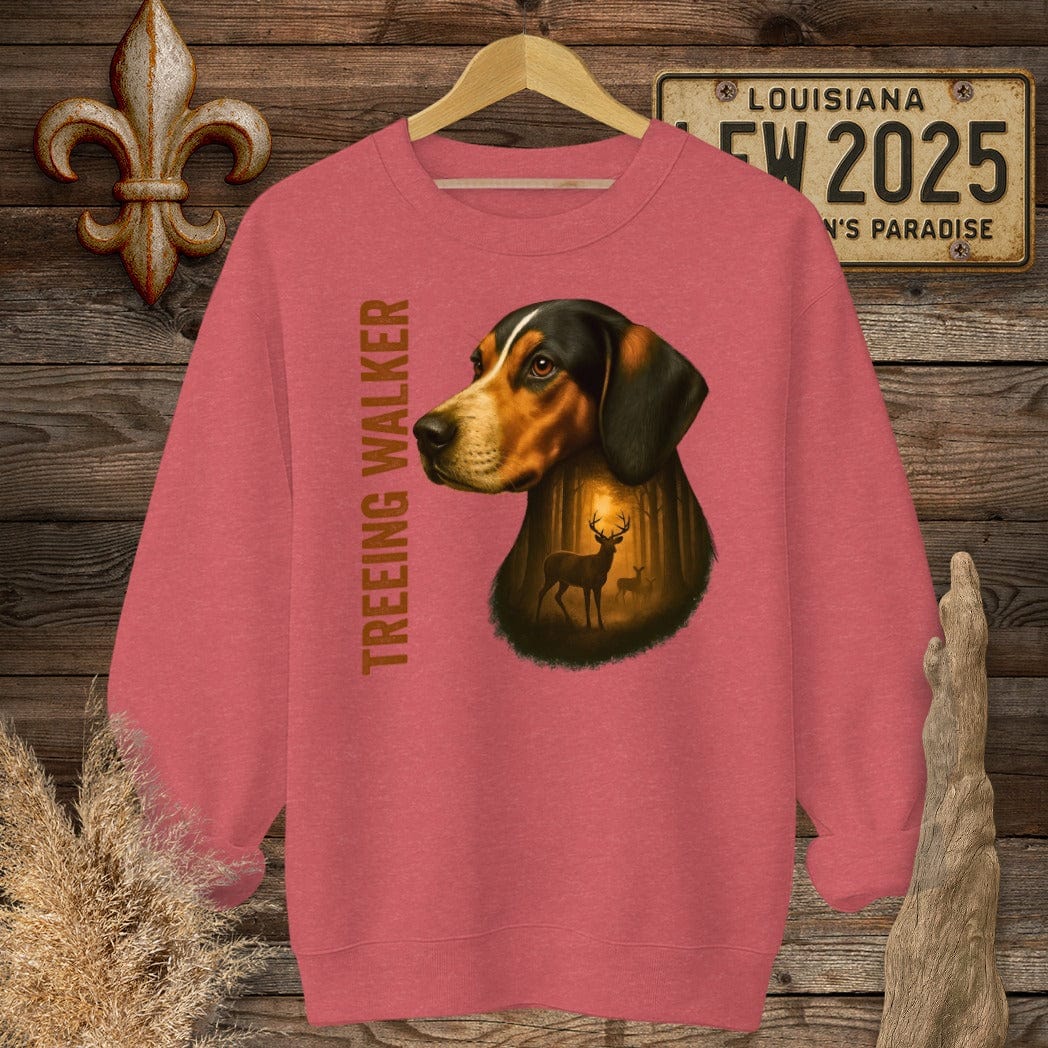 S / Heather Scarlet Red Louisiana Treeing Walker Coonhound Hunting Dog Sweatshirt by Laissez Faire Wear