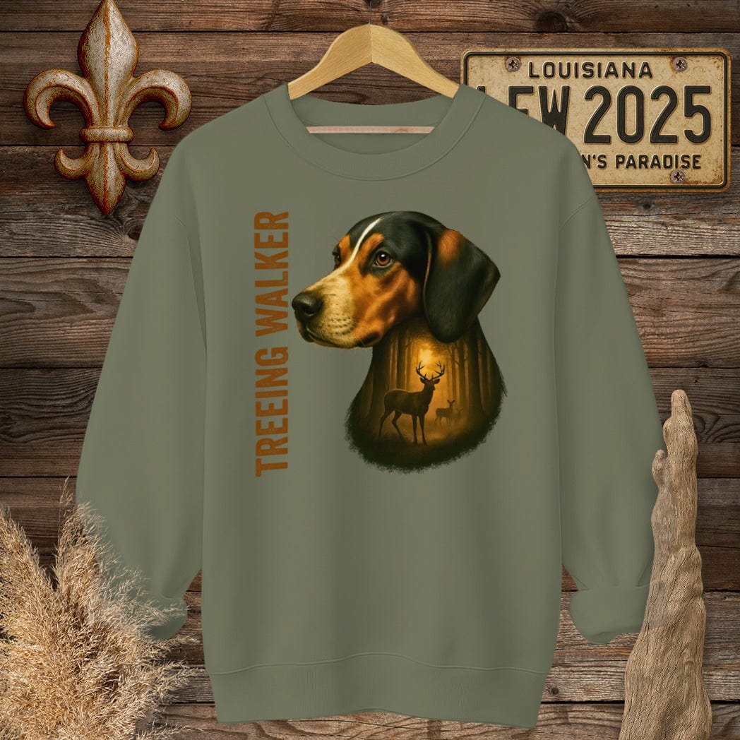S / Military Green Louisiana Treeing Walker Coonhound Hunting Dog Sweatshirt by Laissez Faire Wear