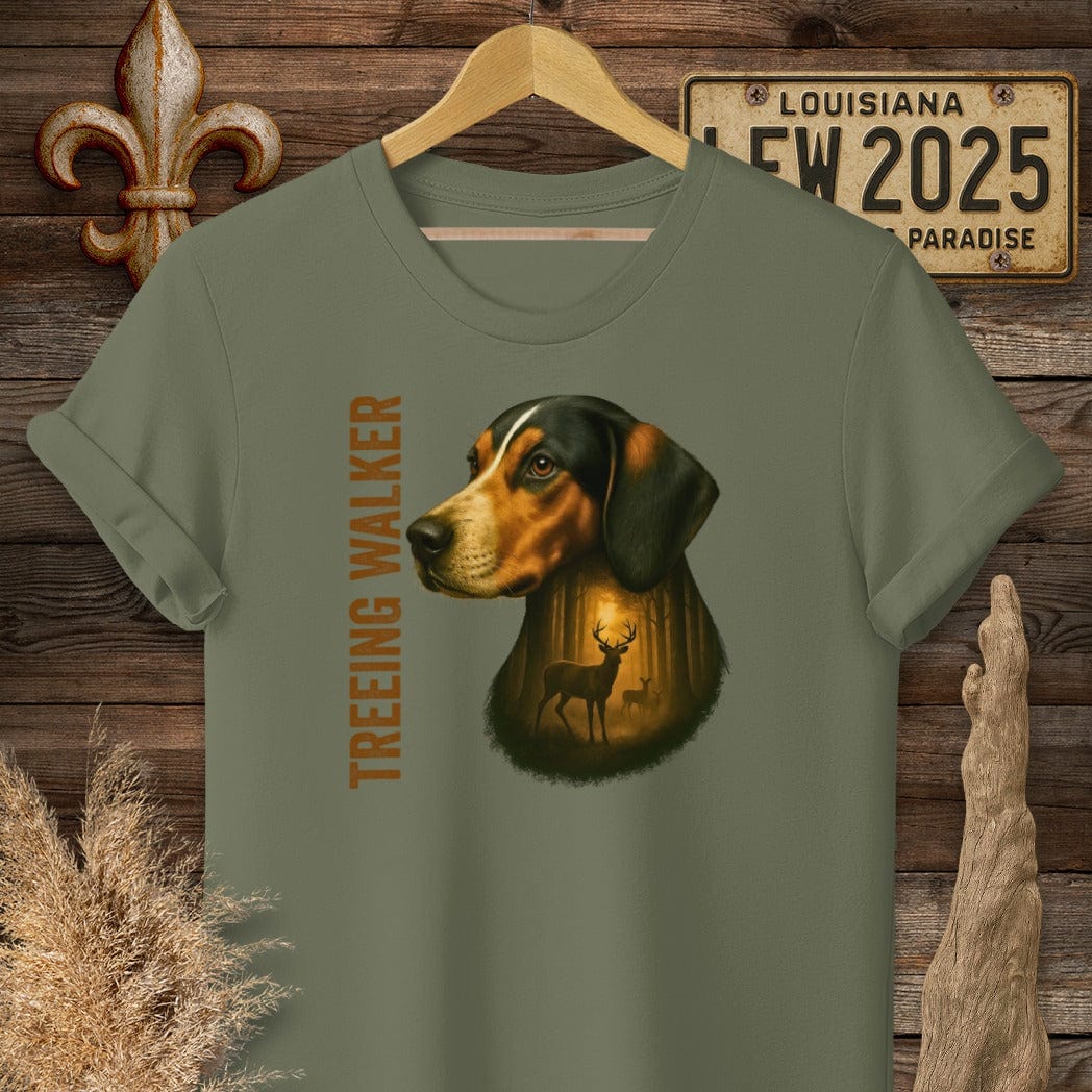 S / Military Green Louisiana Treeing Walker Coonhound Hunting Dog T-Shirt by Laissez Faire Wear