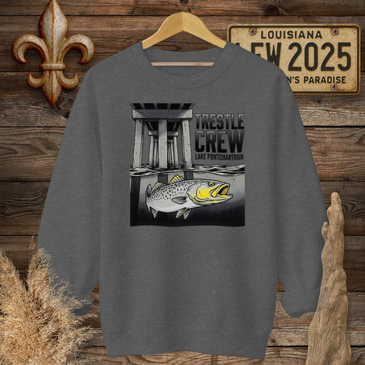 S / Dark Heather Louisiana Trestle Crew - Lake Pontchartrain Sweatshirt by Laissez Faire Wear