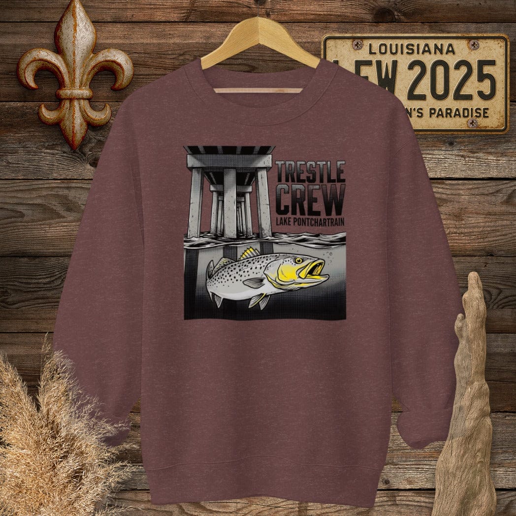 S / Heather Sport Dark Maroon Louisiana Trestle Crew - Lake Pontchartrain Sweatshirt by Laissez Faire Wear