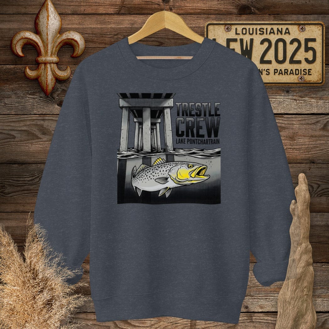 S / Heather Sport Dark Navy Louisiana Trestle Crew - Lake Pontchartrain Sweatshirt by Laissez Faire Wear