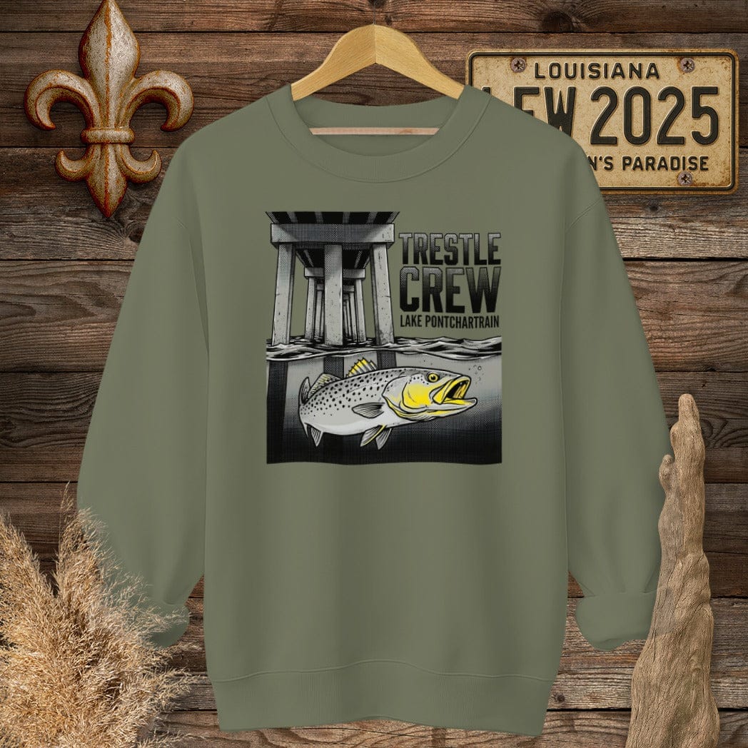 S / Military Green Louisiana Trestle Crew - Lake Pontchartrain Sweatshirt by Laissez Faire Wear