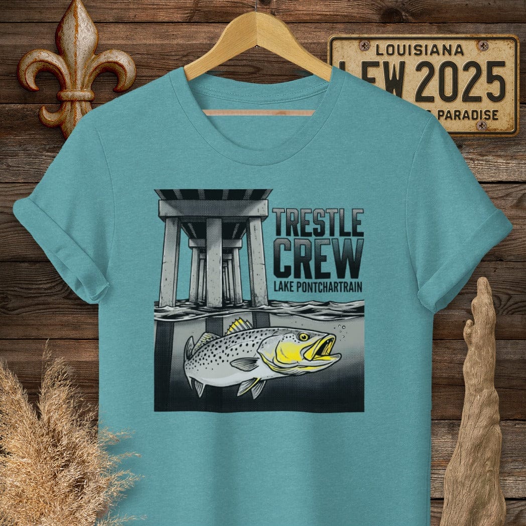 S / Heather Galapagos Blue Louisiana Trestle Crew - Lake Pontchartrain T-Shirt by Laissez Faire Wear