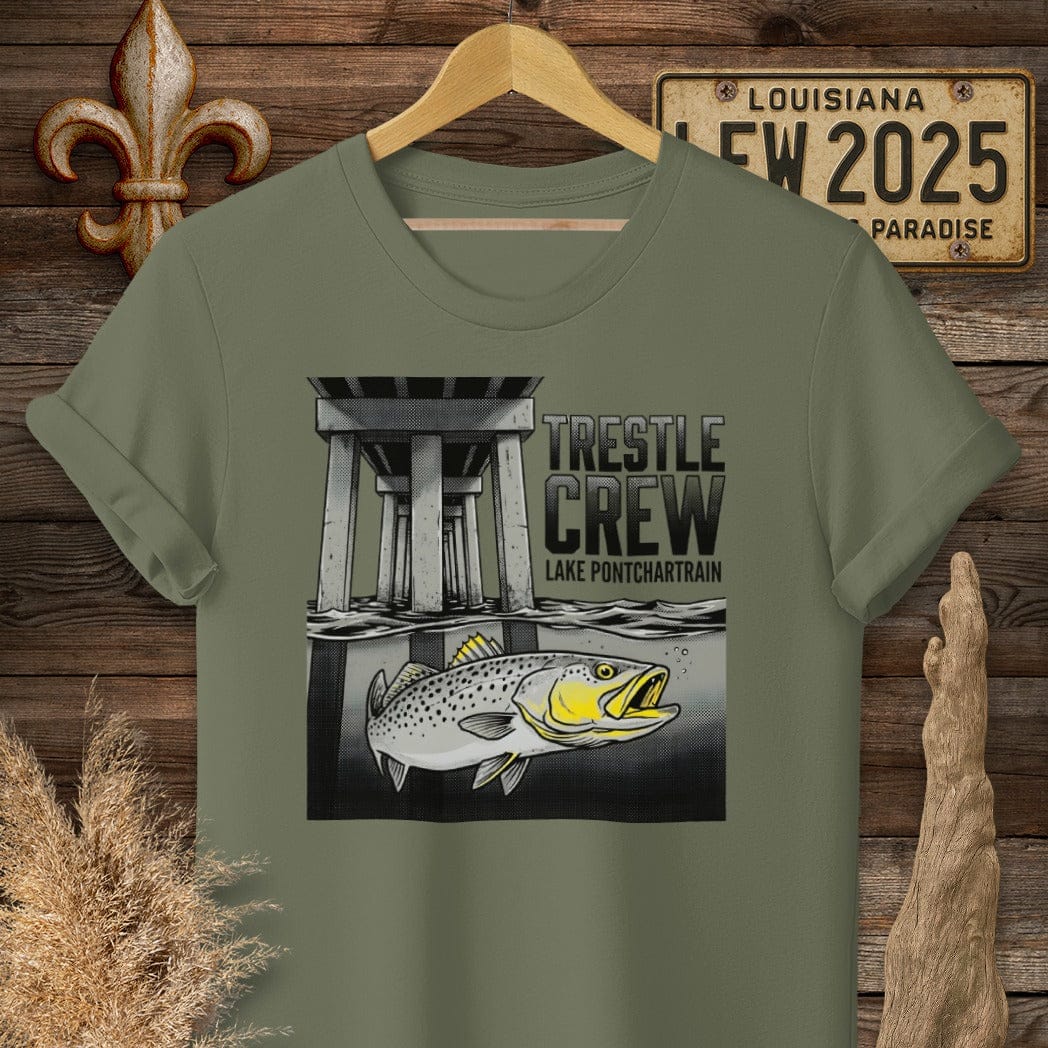 S / Military Green Louisiana Trestle Crew - Lake Pontchartrain T-Shirt by Laissez Faire Wear