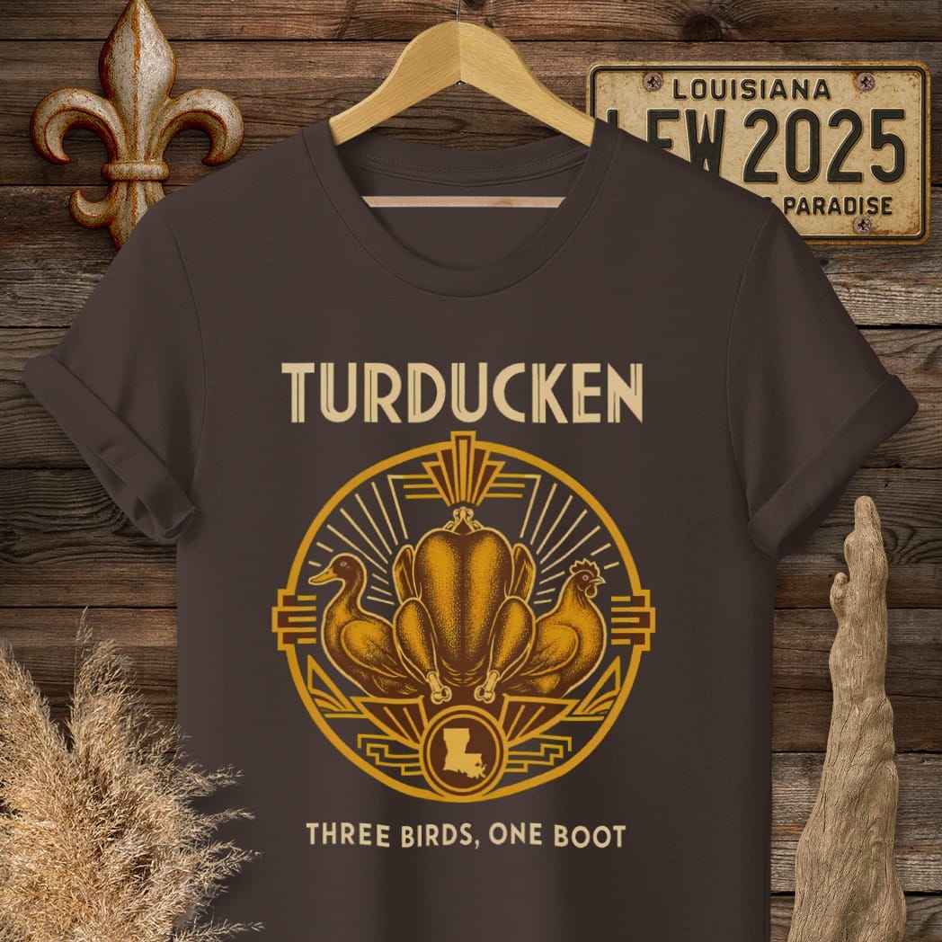 S / Dark Chocolate Louisiana Turducken T-Shirt by Laissez Faire Wear