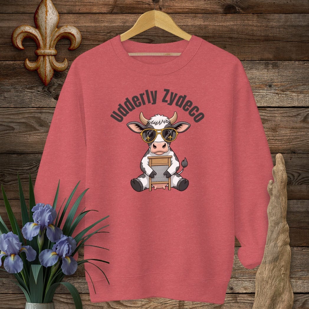 S / Heather Scarlet Red Louisiana Udderly Zydeco Farm Sweatshirt by Laissez Faire Wear