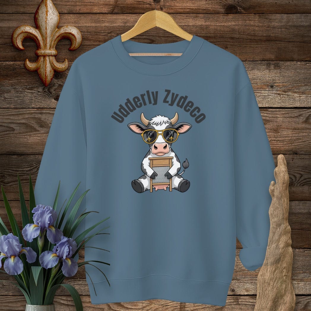 S / Indigo Blue Louisiana Udderly Zydeco Farm Sweatshirt by Laissez Faire Wear