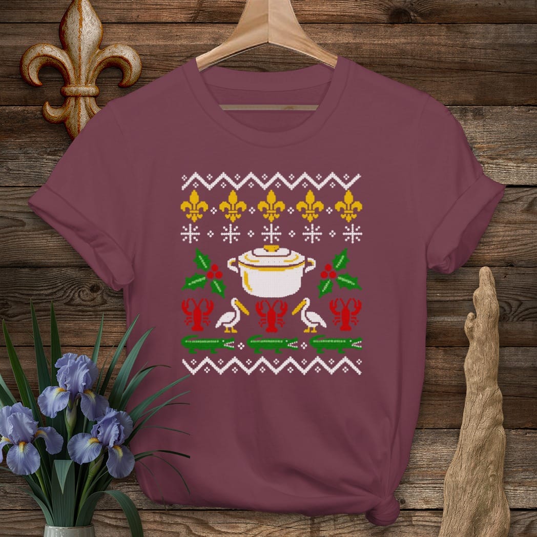 S / Maroon Louisiana Ugly Sweater T-Shirt by Laissez Faire Wear