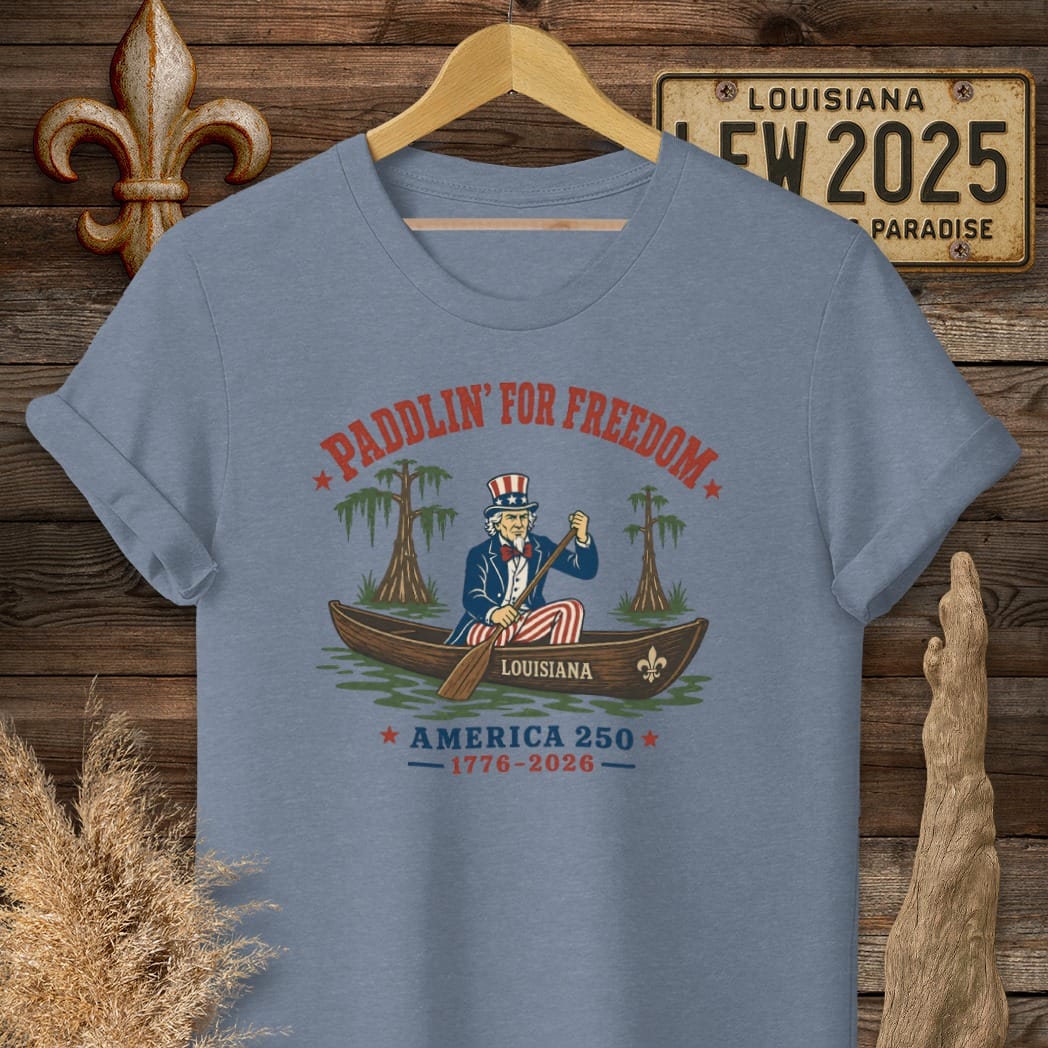 S / Heather Indigo Louisiana Uncle Sam Goes Bayou T-Shirt by Laissez Faire Wear