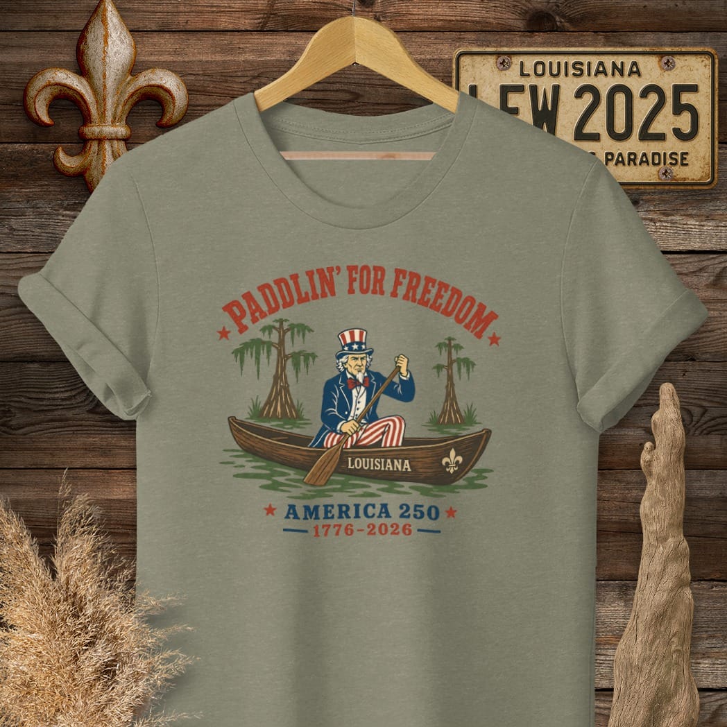 S / Heather Military Green Louisiana Uncle Sam Goes Bayou T-Shirt by Laissez Faire Wear