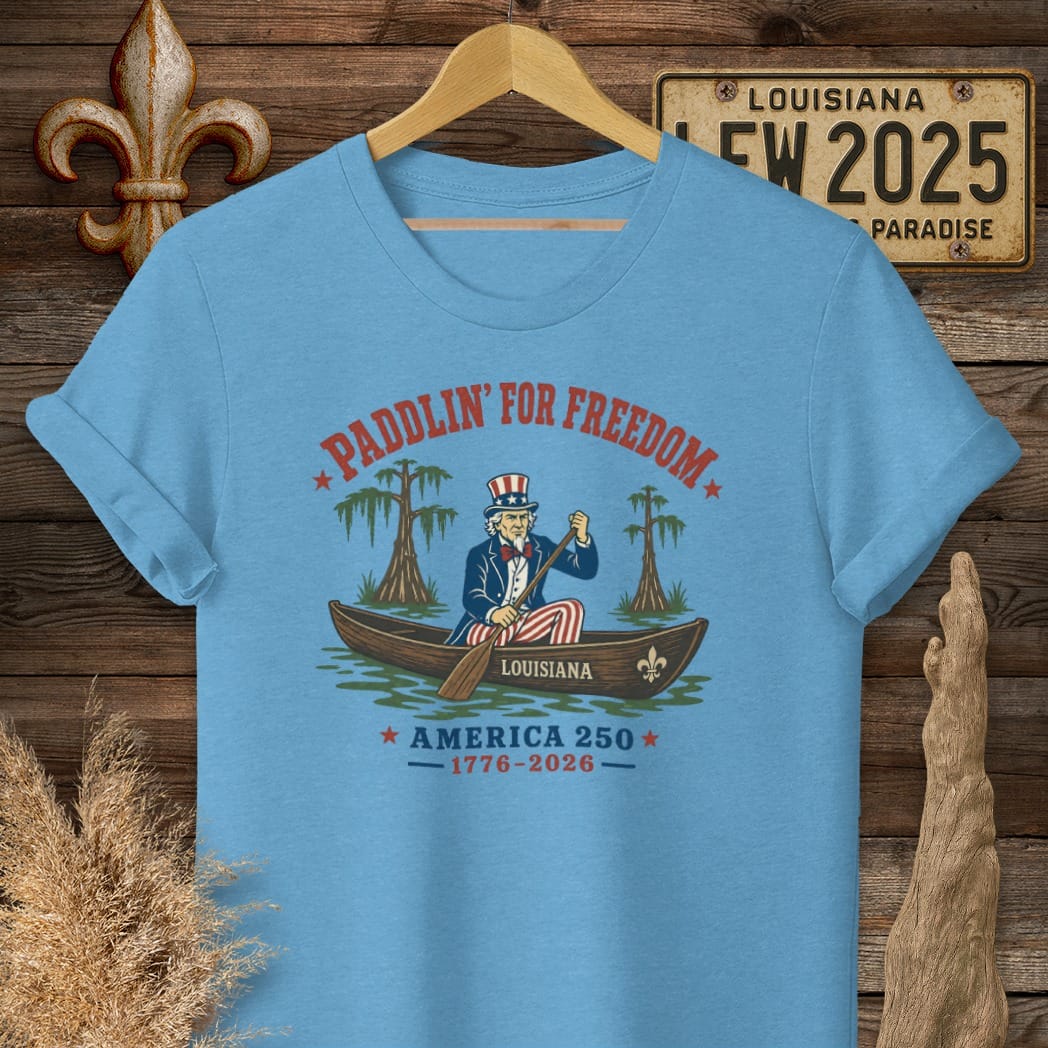 S / Heather Sapphire Louisiana Uncle Sam Goes Bayou T-Shirt by Laissez Faire Wear