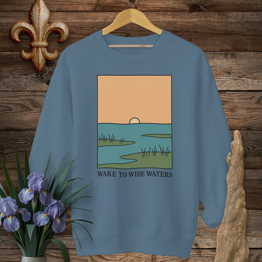 S / Indigo Blue Louisiana Wake to Wide Waters Sweatshirt by Laissez Faire Wear