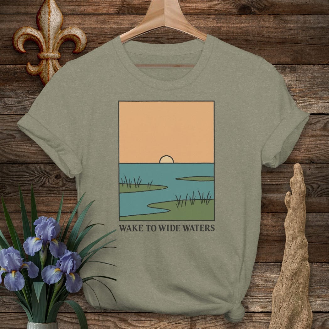 S / Heather Military Green Louisiana Wake to Wide Waters T-Shirt by Laissez Faire Wear