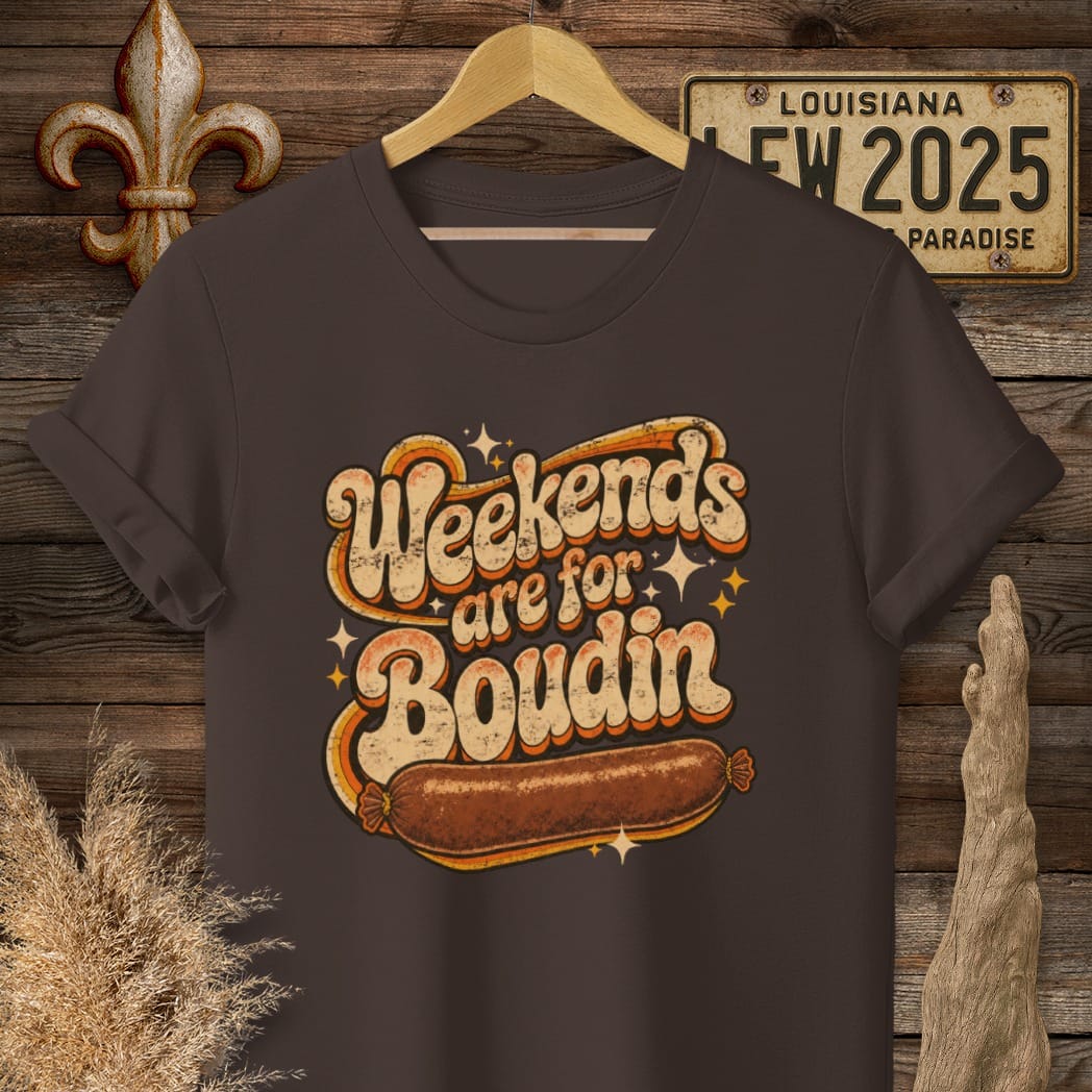 Dark Chocolate / S Louisiana Weekends Are for Boudin T-Shirt by Laissez Faire Wear
