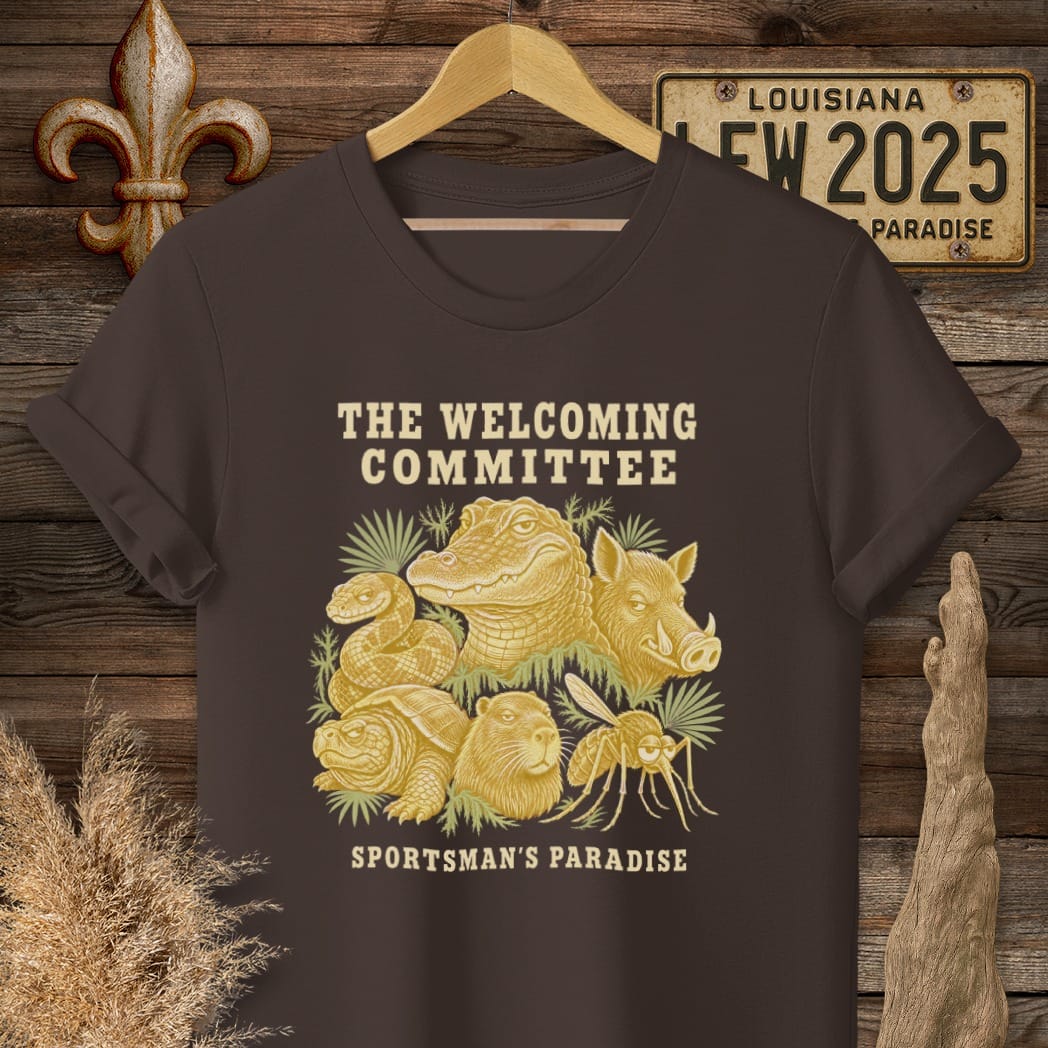 S / Dark Chocolate Louisiana Welcoming Committee T-Shirt by Laissez Faire Wear