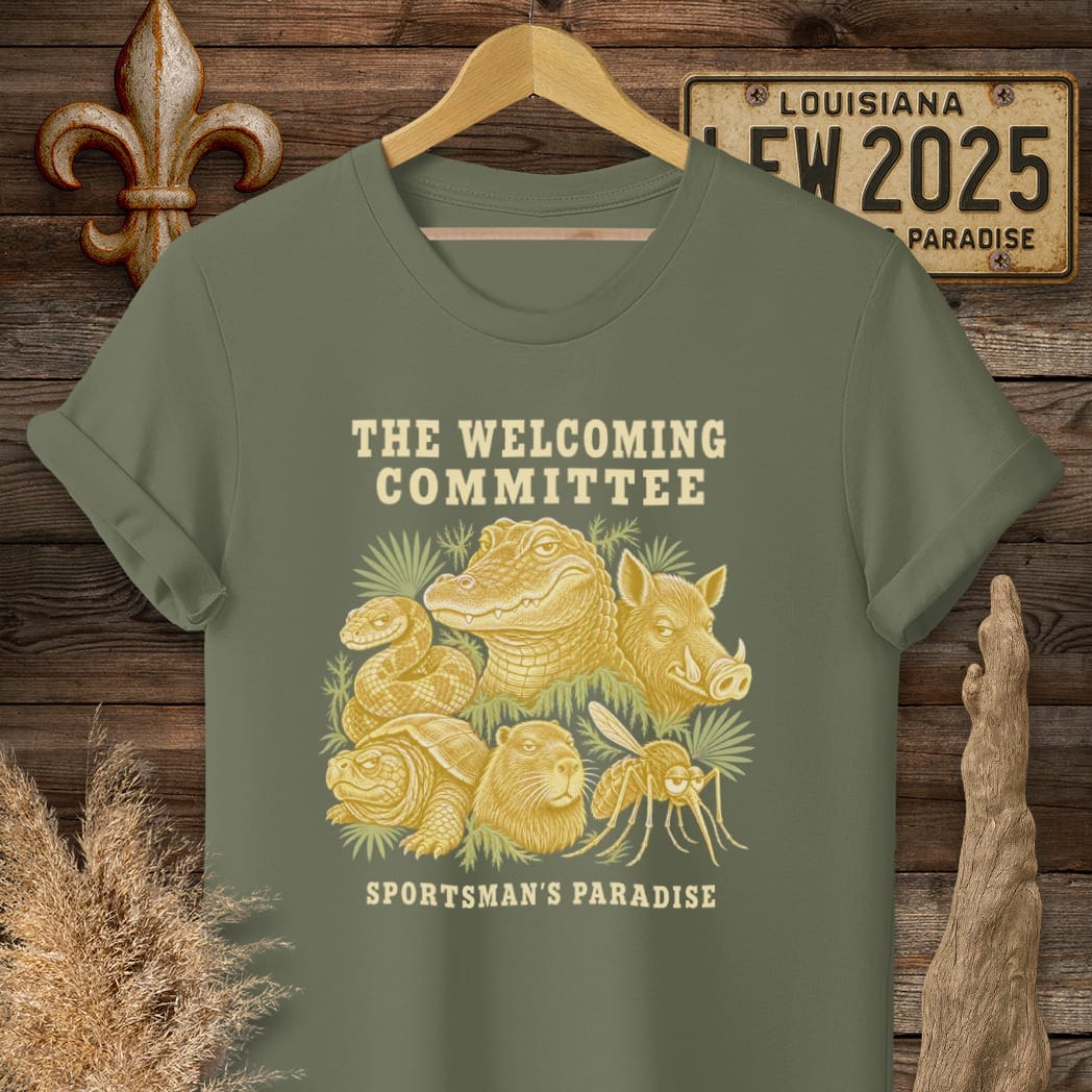 S / Military Green Louisiana Welcoming Committee T-Shirt by Laissez Faire Wear