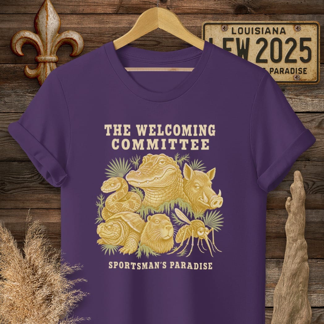 S / Purple Louisiana Welcoming Committee T-Shirt by Laissez Faire Wear