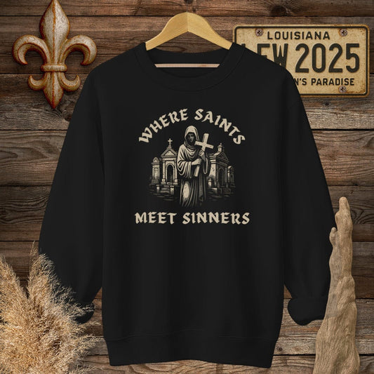 S / Black Louisiana Where Saints Meet Sinners Sweatshirt by Laissez Faire Wear