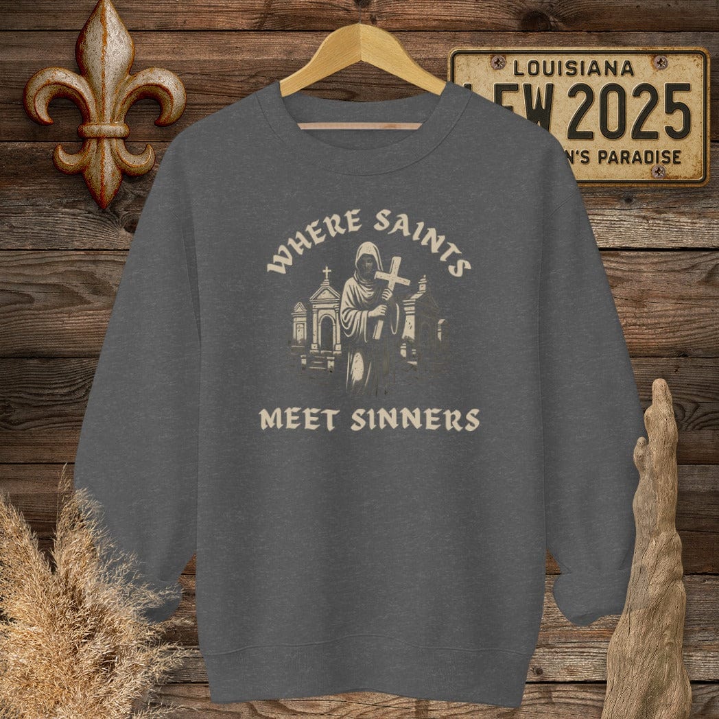 S / Dark Heather Louisiana Where Saints Meet Sinners Sweatshirt by Laissez Faire Wear