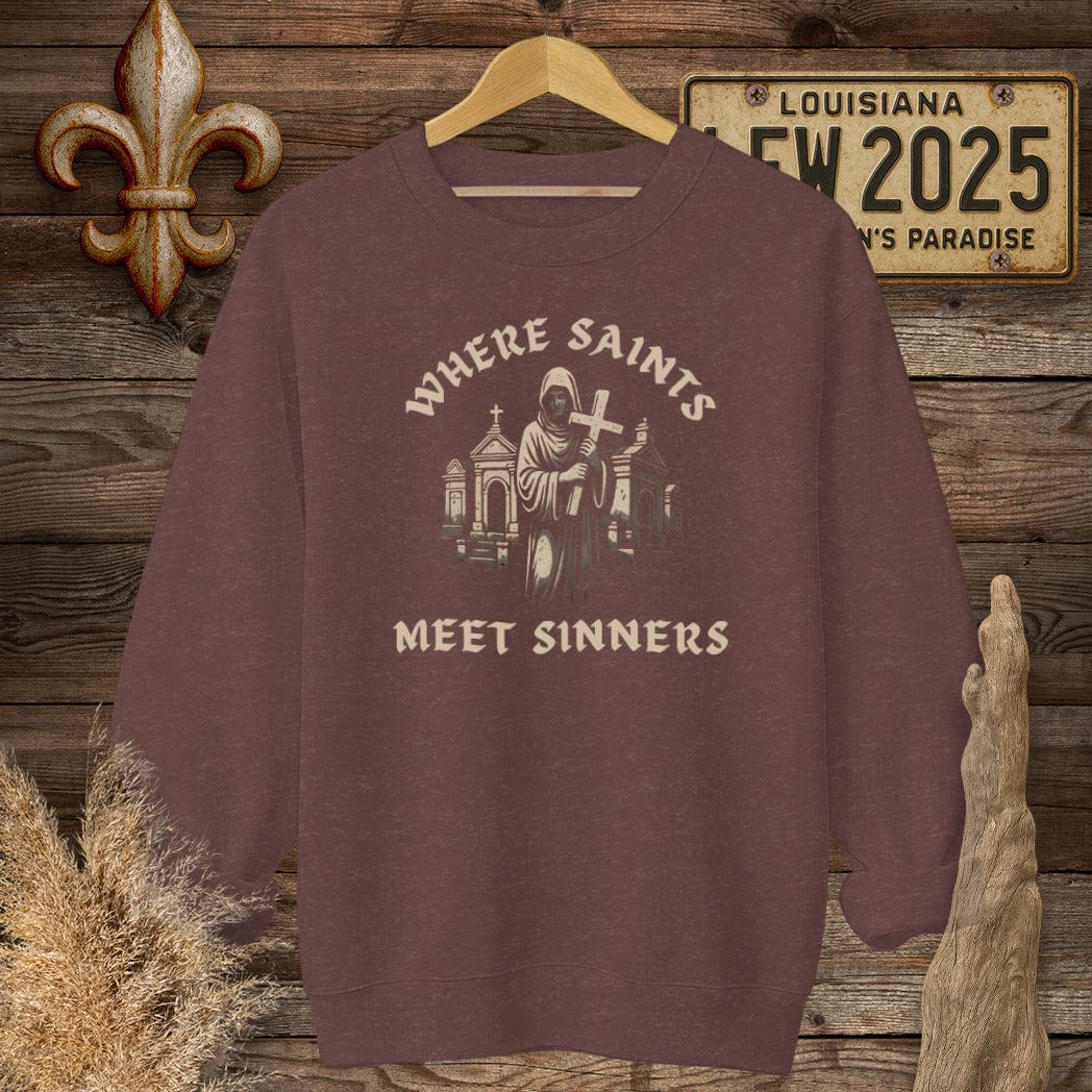S / Heather Sport Dark Maroon Louisiana Where Saints Meet Sinners Sweatshirt by Laissez Faire Wear