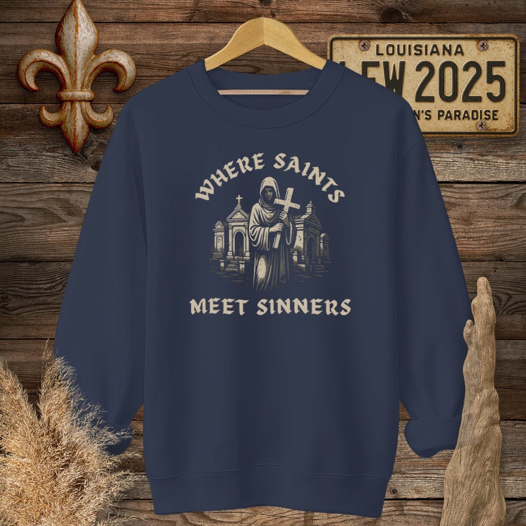 S / Navy Louisiana Where Saints Meet Sinners Sweatshirt by Laissez Faire Wear