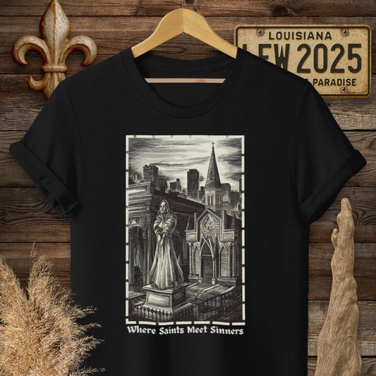 S / Black Louisiana Where Saints Meet Sinners T-Shirt by Laissez Faire Wear