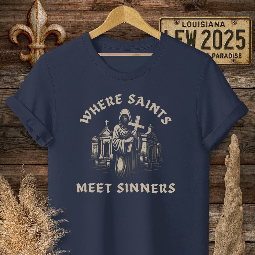 S / Navy Louisiana Where Saints Meet Sinners T-Shirt by Laissez Faire Wear