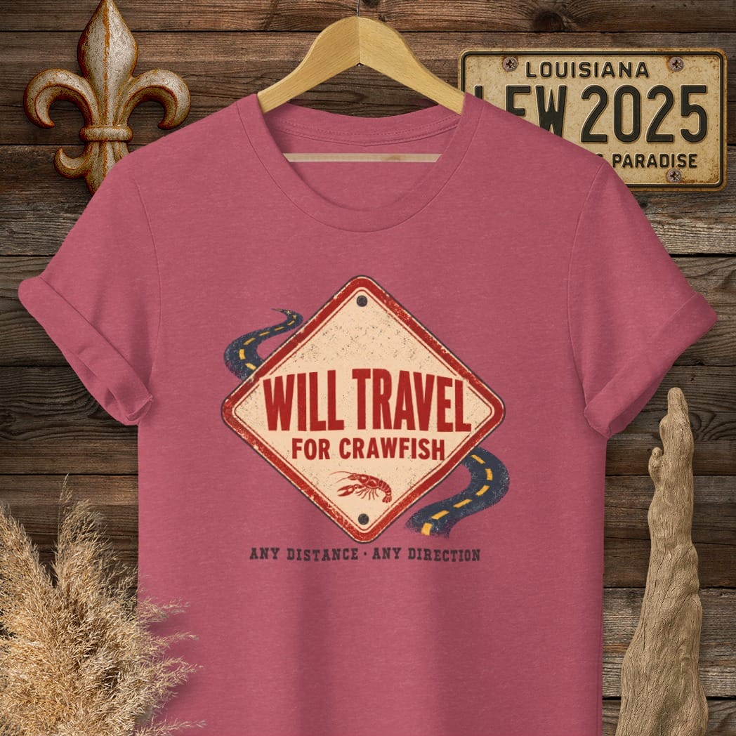 S / Heather Cardinal Louisiana Will Travel for Crawfish T-Shirt by Laissez Faire Wear